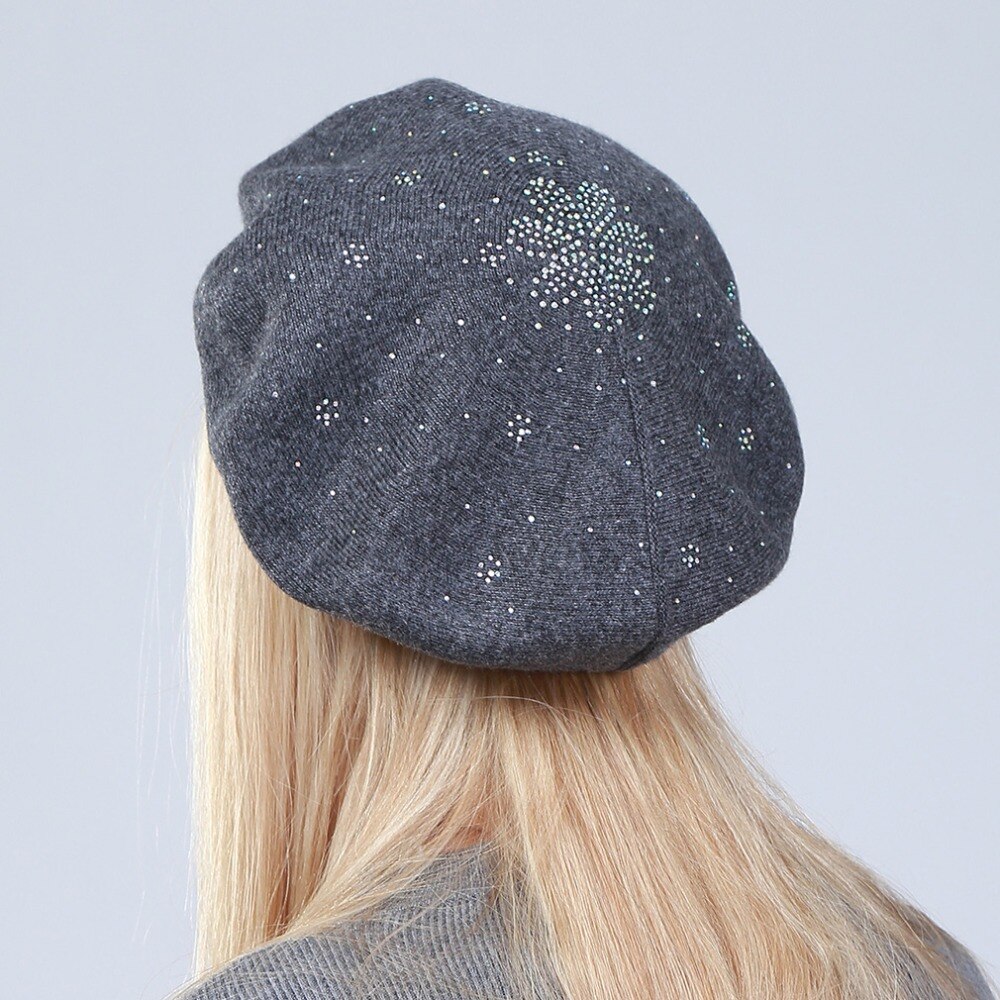 Geebro Women's Berets Hat Solid Color Wool Knitted Berets With Rhinestones Ladies French Artist Beanie Beret Hat GS108