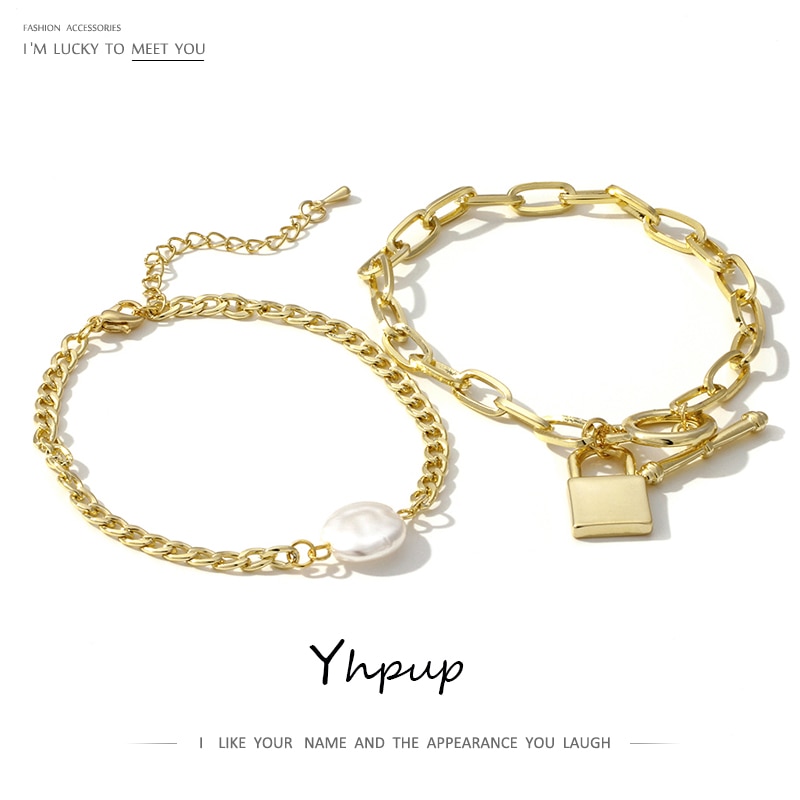 Yhpup Combination Bracelet Trendy Gold Imitation Pearls Bangle 2PCS Girlfriend Lovers Jewelry Accessories for Female Office 16 K