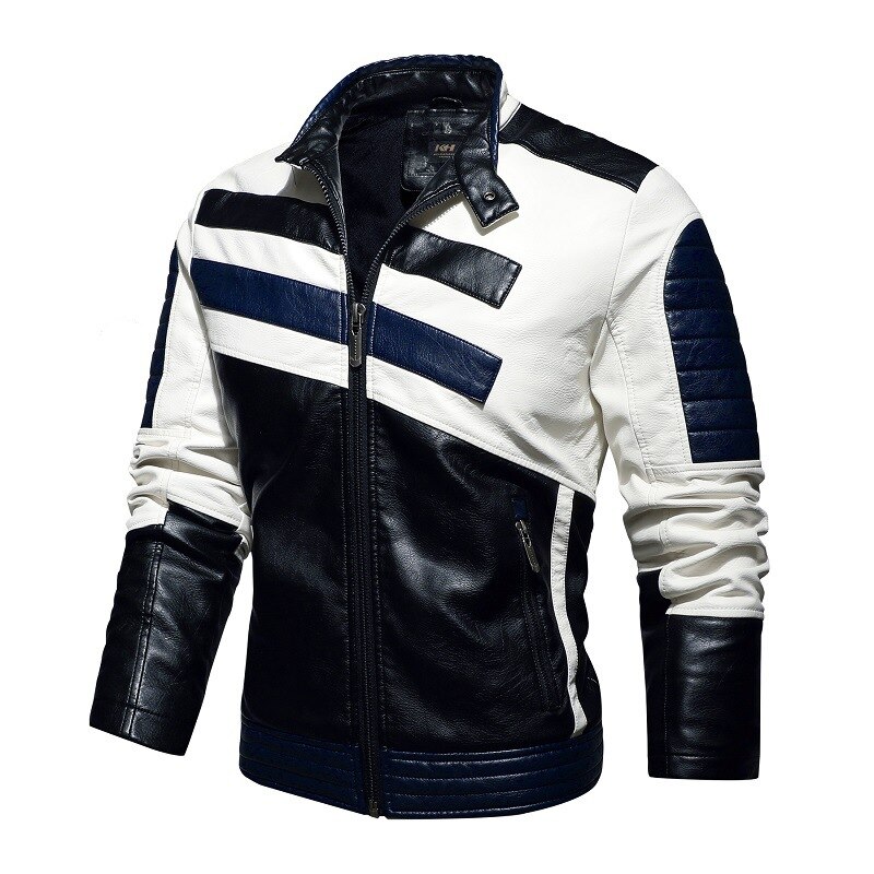 Giacca da moto in pelle cappotto invernale spesso colletto in piedi lavato giacche da moto tempo libero moda abbigliamento in pelle per uomo: Dark Blue / xxxxl