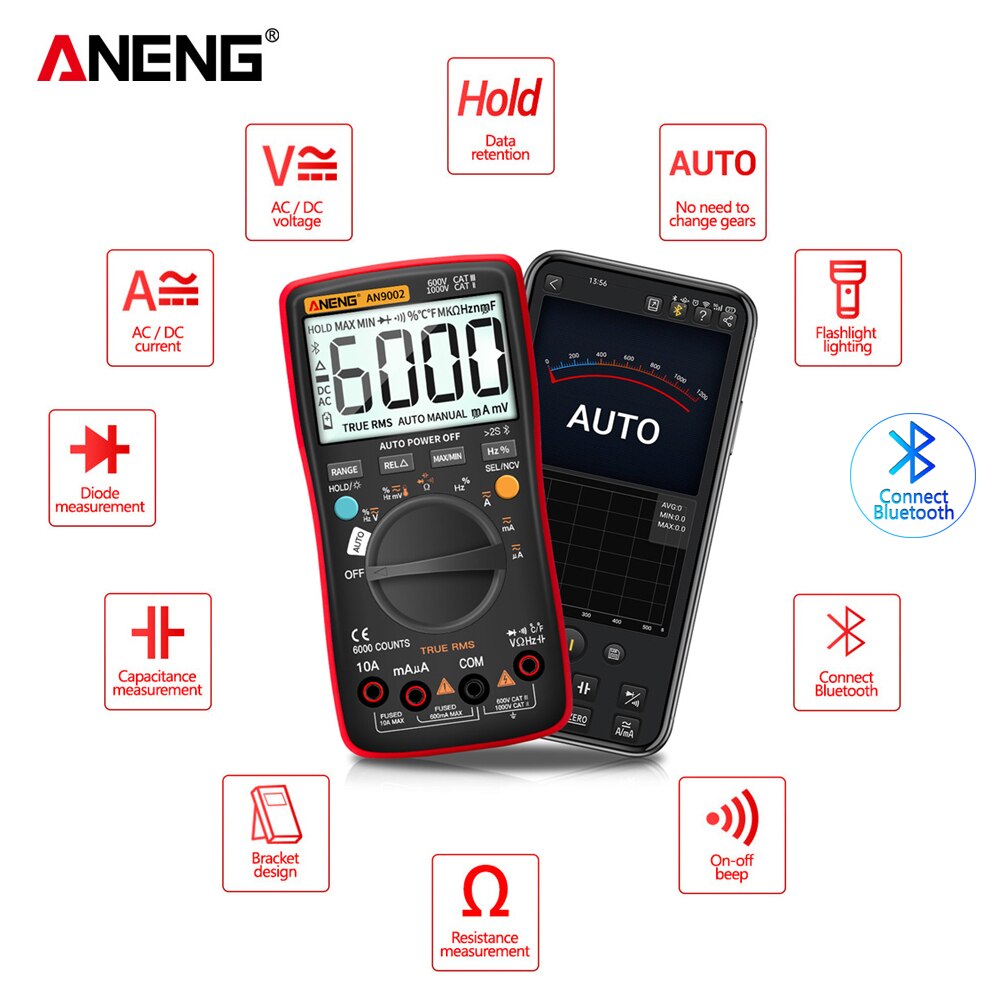 Aneng AN9002 Bluetooth Digitale Multimeter 6000 Telt Professionele Multimetrotrue Rms Ac/Dc Stroom Spanning Tester Auto-Range