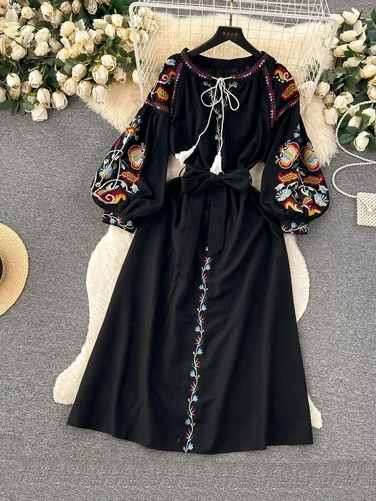 Boho-Kleid für Damen, Jahrgang-Stil, Ethno-Stil, Laterne, langärmelig, bestickt, Rundhalsausschnitt, schmales A-Linien-Kleid aus Baumwolle und Leinen