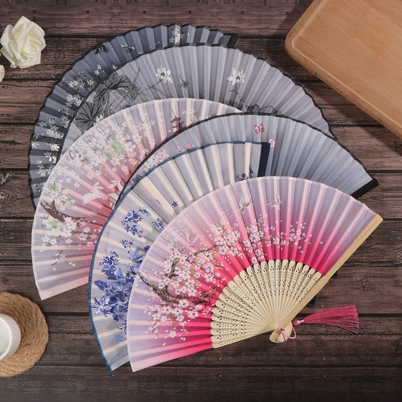 1PC Retro Chinese Japanese Silk Bamboo Folding Fan Home Decoration Ornaments Floral Painting Hand Held Fans Dance Party