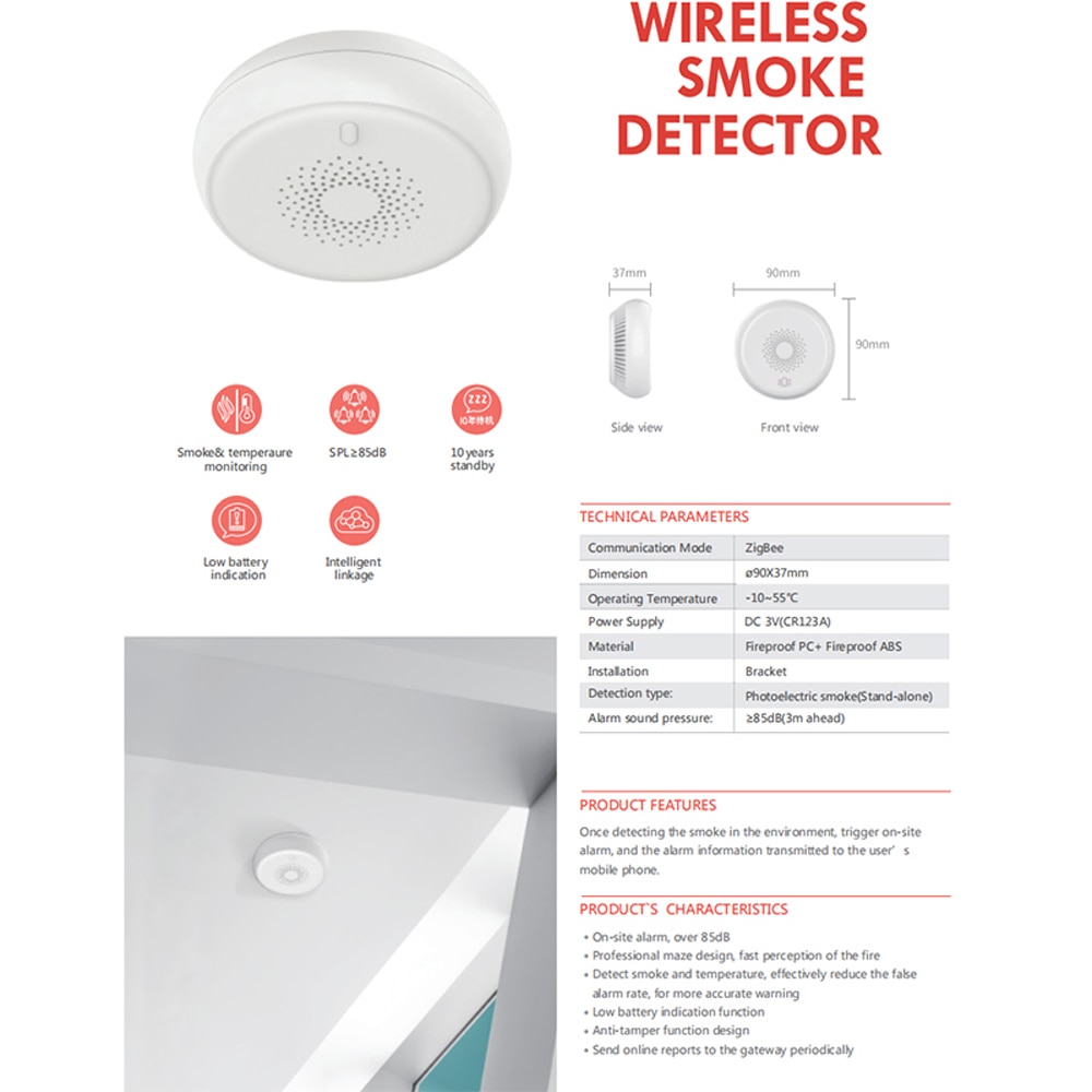 Tuya Smart Zigbee-Sensor Detector de humo, sistema de alarma de seguridad para el hogar, Notificación por aplicación Smart life