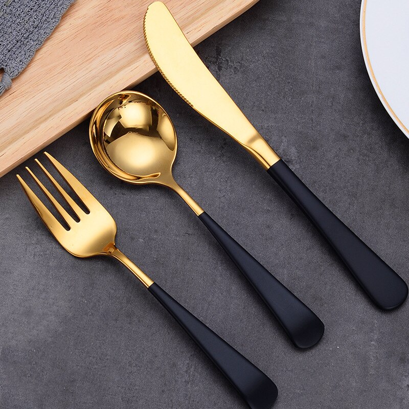Tableware Stainless Steel Cutlery Set Kitchen Knives Forks Spoons Set Luxury Dinnerware Set Dinner Wedding Mirror Black Cutlery