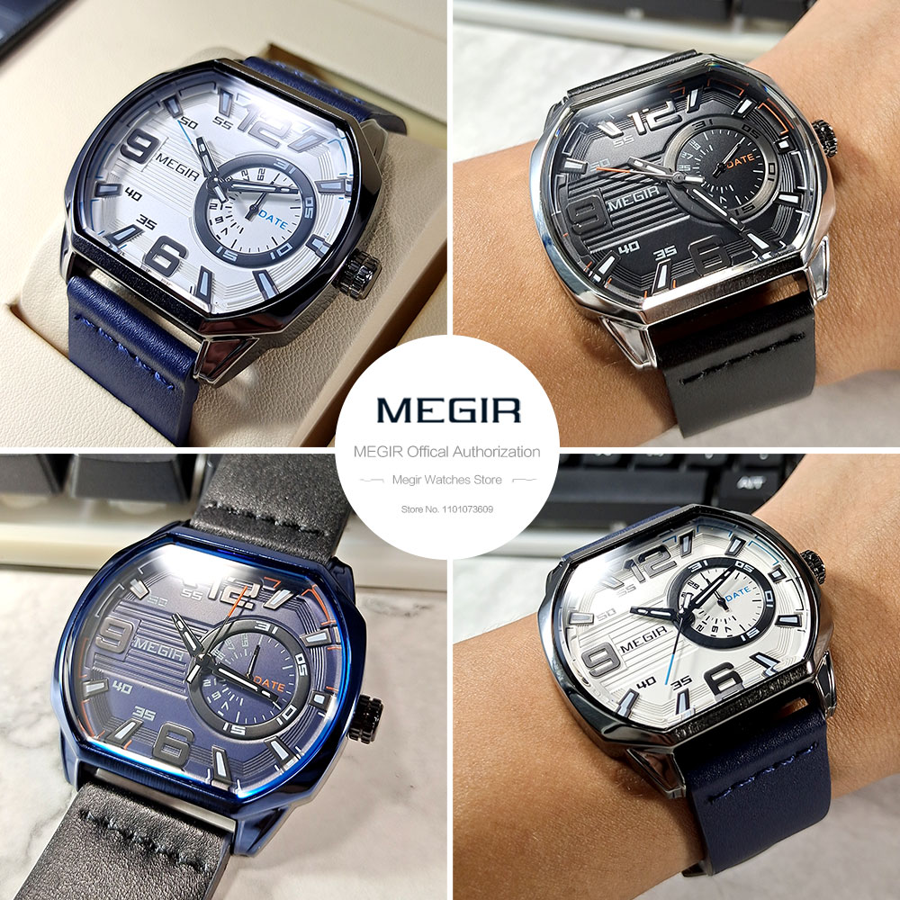 Megir casual sportsure til mænd quartz ur med læderrem og automatisk dato, lysende visere, vandtæt ottekantet armbåndsur med 2201