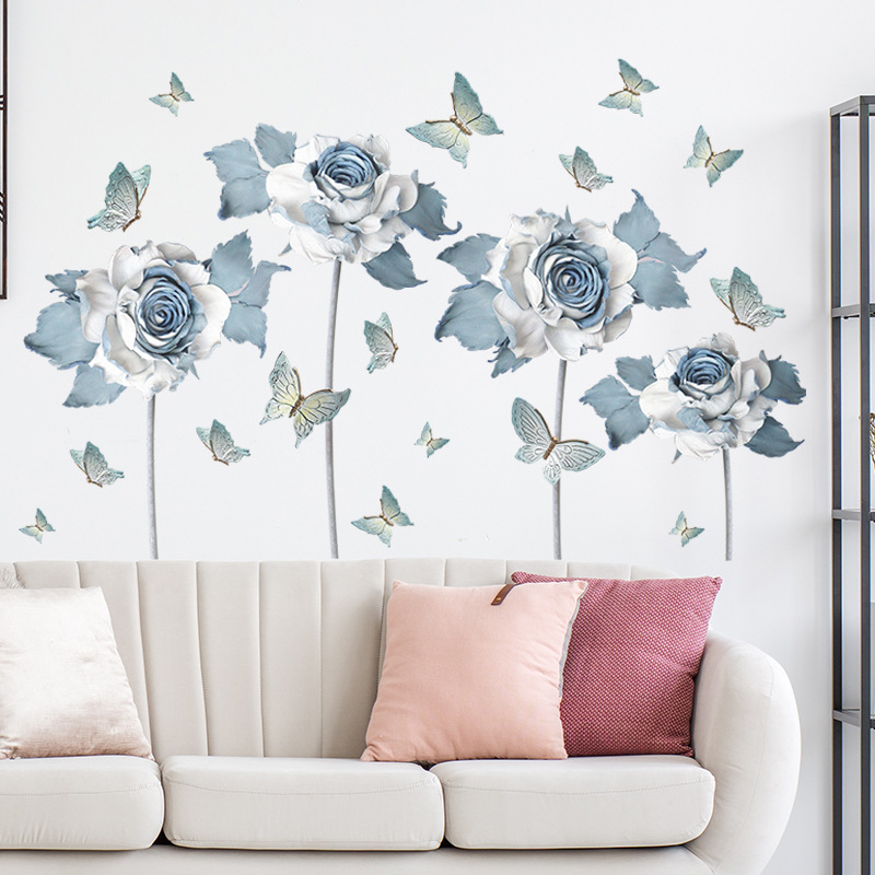 Painted Blue Flower Butterfly Wall Sticker Bedroom Living Room Home Decor Wallpaper Blue Flower Art Self Adhesive Decals Sticker