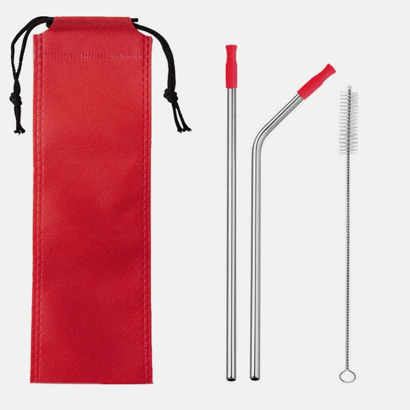 304 Stainless Steel Metal Straws Drink Cocktail Color Silicone Head Straw Travel Portable Set: Set 2
