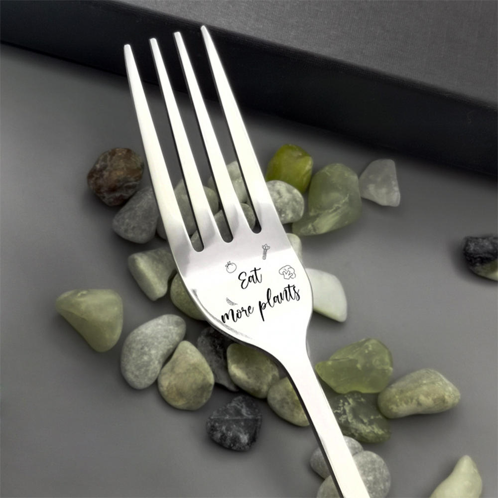 3Pcs Letter Print Forks Set Tea Cake Snack Fork Dinnerware Cutlery Mirror Stainless Tableware Dessert Fruit Fork Silverware Set: Eat more plants