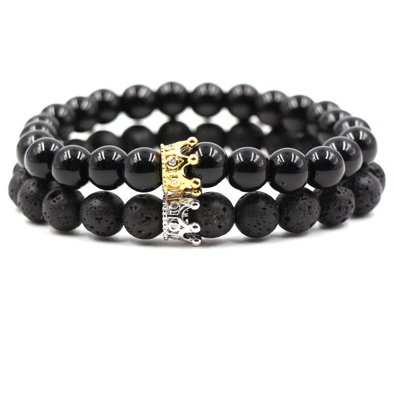 8mm 2 stk/sæt par mikro indsat zirkon krone armbånd klassisk natursten elastisk kvinder charm perler armbånd til mænd smykker: Farve 9