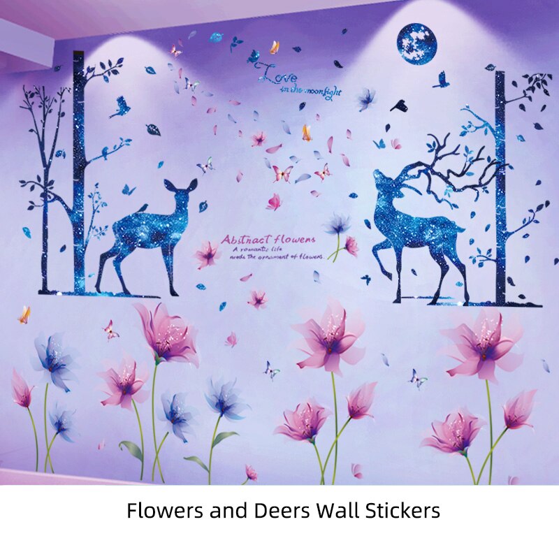 [SHIJUEHEZI] kwiaty rośliny naklejki ścienne DIY jelenie drzewa naklejki ścienne robić salonu dzieci sypialnia dekoracja kuchenna: jeleń i flowers