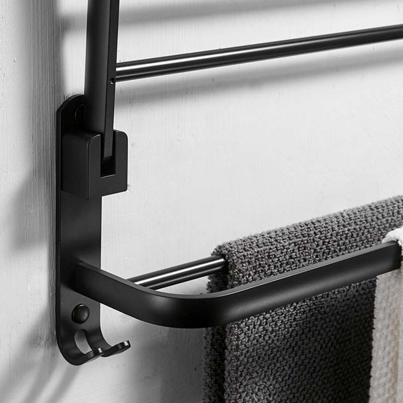 Matte Black Movable Bath Towel Holder No punching Wall Mounted Bath Towel Shelf Folding Towel Holder Towel Bar with Hooks