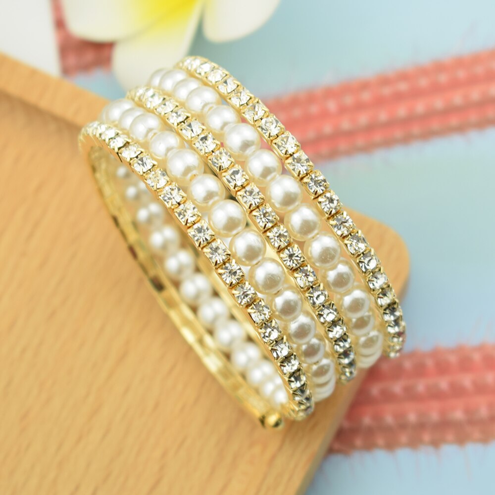 Elegante braccialetto di perle di cristallo multistrato estensibile braccialetto di perle per le donne polsini braccialetti strass gioielli da sposa Accessori: SL-1032-gold