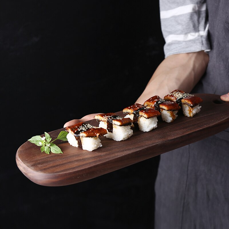 Tablero de madera de nogal negro hecho a mano con personalidad moderna simple y creativa, tabla de pan horneada de estilo rústico, bandeja de postre y queso LB43014