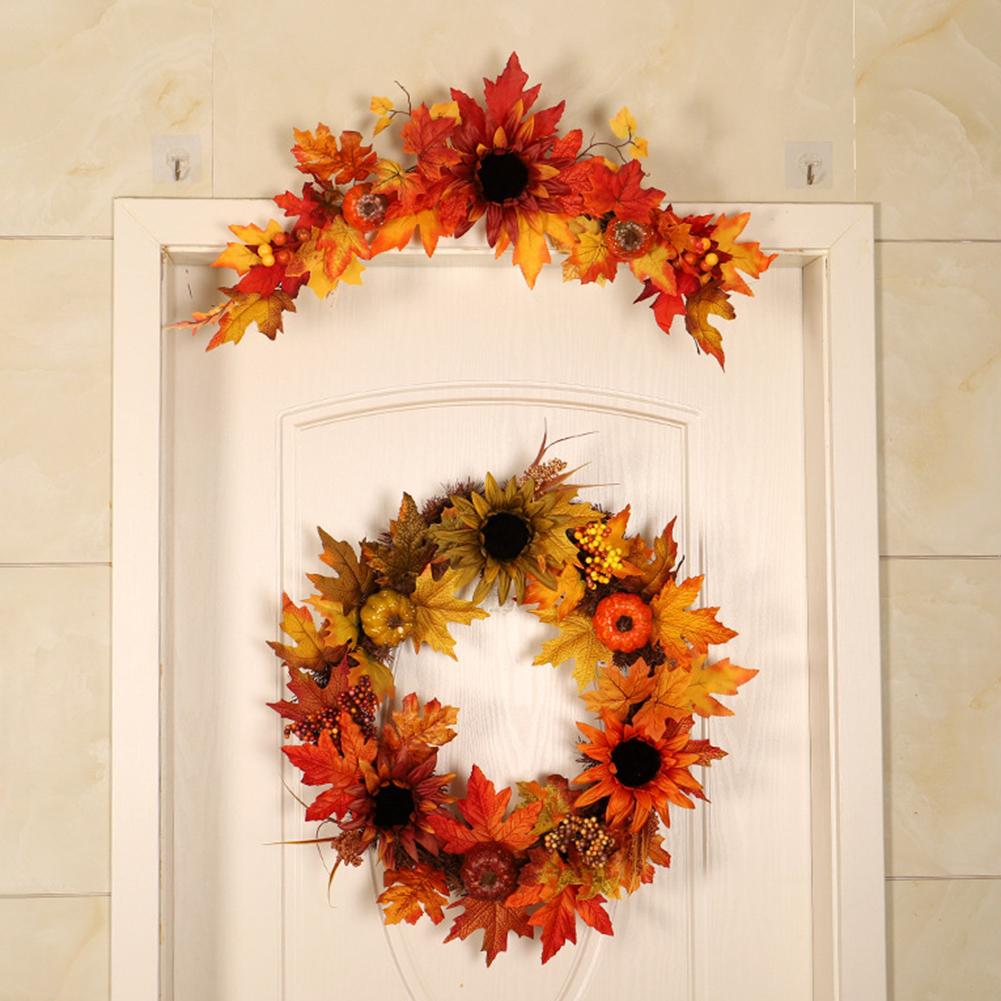 45cm Wreath Autumn Harvest Maple Leaf Pumpkin Front Door Wreath Front Door Home Decor Thanksgiving Party Supplies With Led