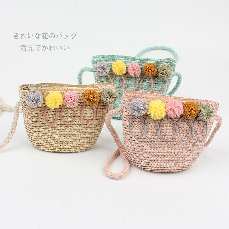 Nyeste baby piger boheme stil rattan strå taske vævet rund håndtaske blomst crossbody messenger tasker strand sommer tasker