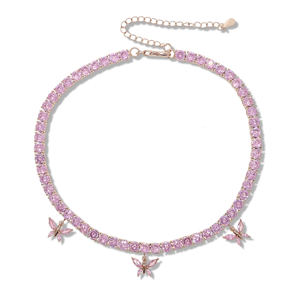 Pinky Pink Butterfly Necklaces Women Hiphop Bling Iced Out CZ Tennis Chain Cherry Chkoer Luxury Rose Gold Color Jewelry