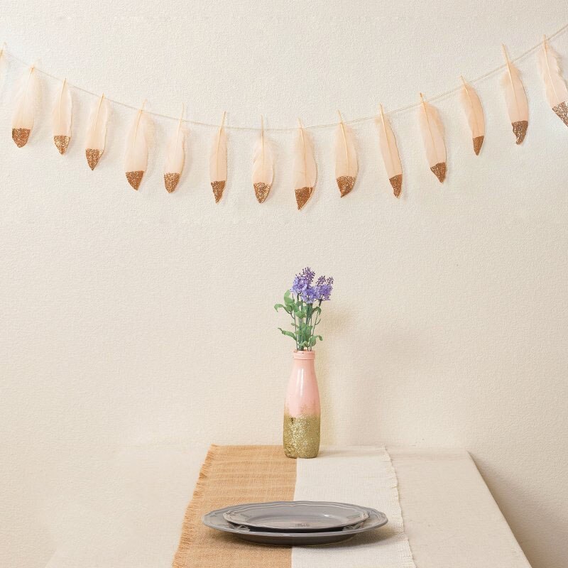 Pena guirlanda ouro rosa brilho mergulhado macio pena banner para o quarto boêmio teepee decorações boho tema casamento nupcial b