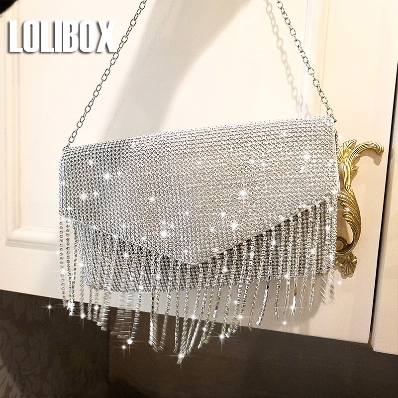 Bling strass frange femmes embrayages sac argent cristal rabat couverture enveloppe sac boîte de nuit mariée mariage chaîne sacs de soirée