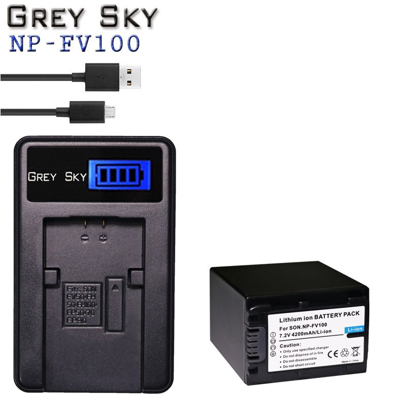 2 stk 4200 mah np  fv100 np-fv100 fv100 batterier + lcd usb-lader til sony np -fv30 np-fv50 np-fv70 sx83e sx63e fdr -ax100e ax100e: Lader og 1 batteri
