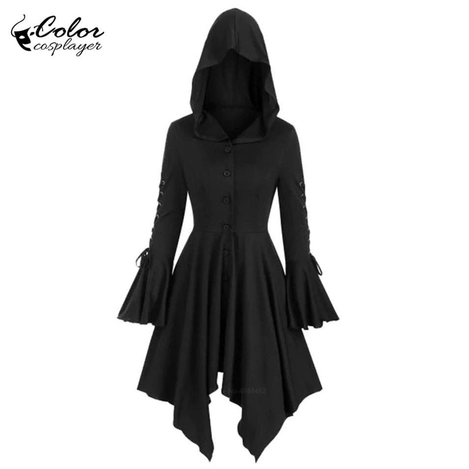Colore cosplayer con cappuccio abito medievale donna Halloween costume cosplay abito da strega gotico abito a maniche lunghe abito da vampiro
