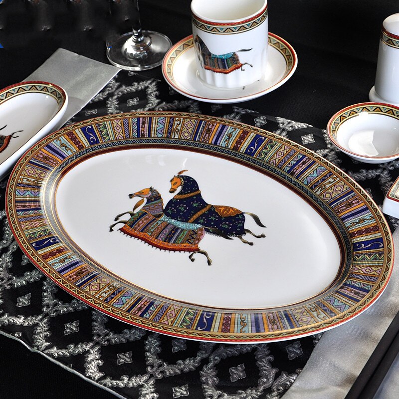 Luxury European Large Oval Ceramic Fish Plate Gold Head Show Dinner Plates Home Decoration Wedding