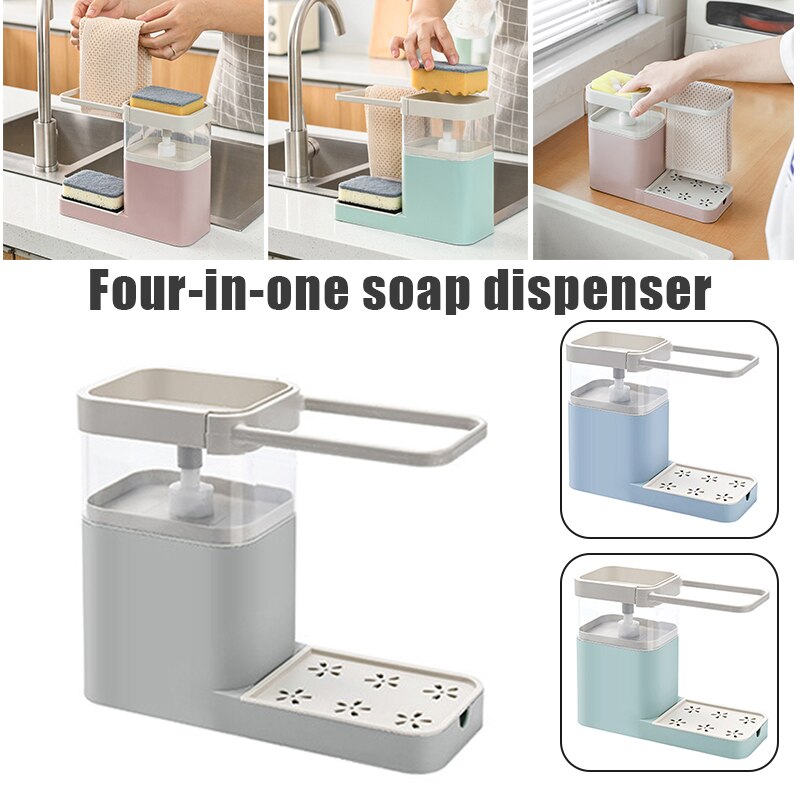 4-In-1 Zeepdispenser Voor Reiniging Druk Om Pomp Zeep Combineert Spons Holder Handdoek Bar En afvoer Rack Keuken Organizer