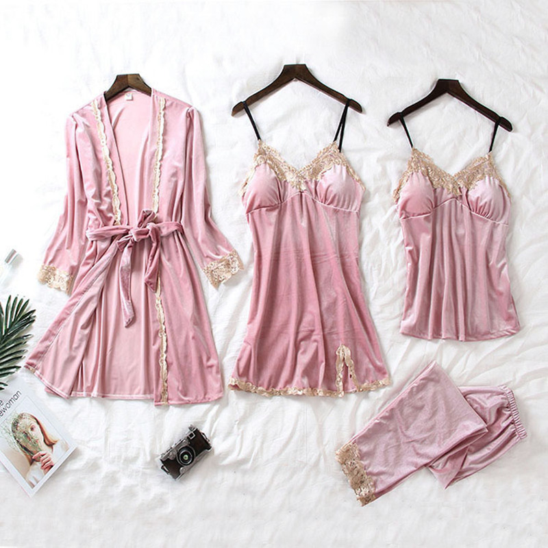July's Lied 4 Stuks Fluwelen Warme Pyjama Set Vrouwen Sexy Kant Nachtkleding Pyjama Pak Winter Sling Nachthemd Vrouw Nachtkleding: 01 / XL