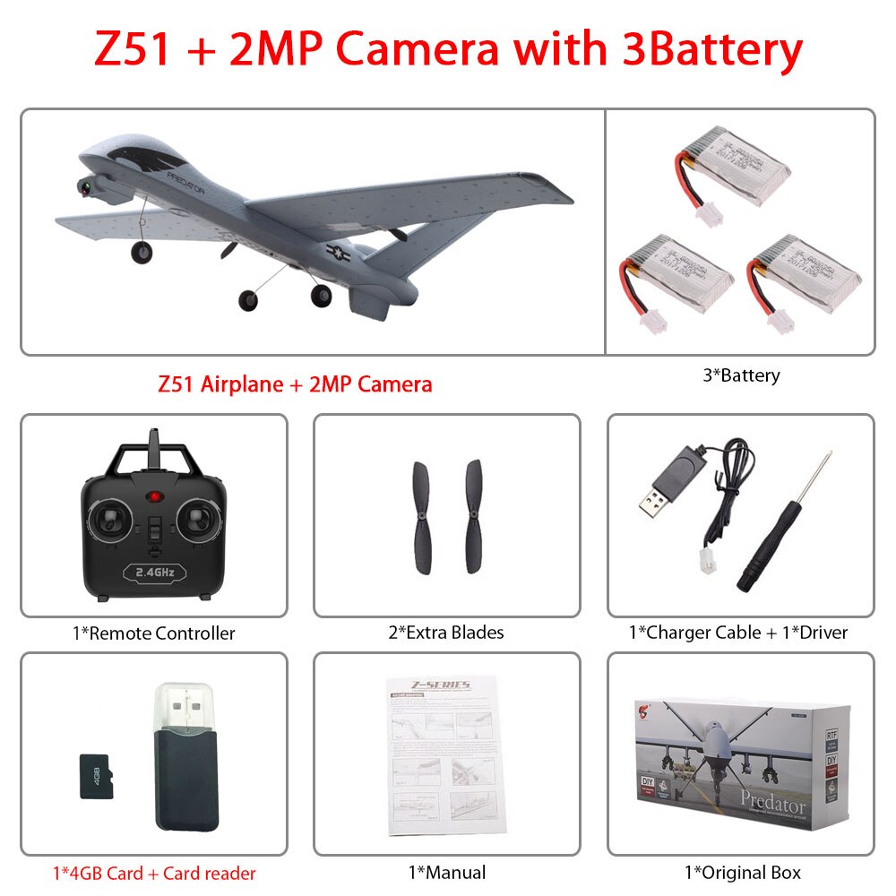 RC Airplane Plane Z51 with 2MP HD Camera or No Camera 20 Minutes Fligt Time Gliders With LED Hand Throwing Wingspan Foam Plane: 2MP 3B color box