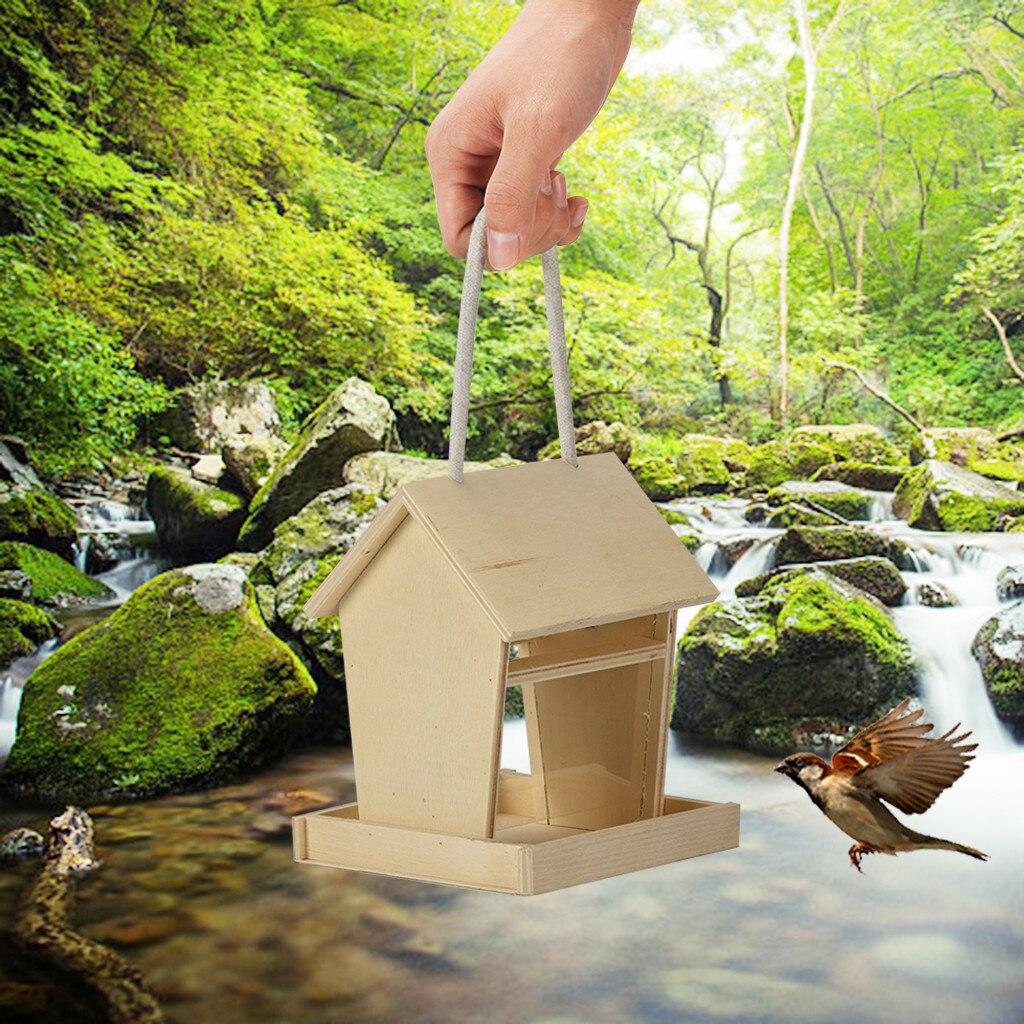 Wooden Bird Feeder House Birdhouse Hanging Nest Feeder With Roof Home Garden Yard Decoration Outdoor Pet Decors Hanging Feeders