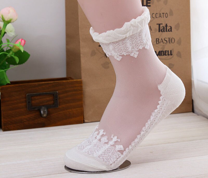 Calzini Donna Caviglia - Volantino Pizzo - Rete Cotone Trasparente - Morbidi e Traspiranti per Yoga & Fitness