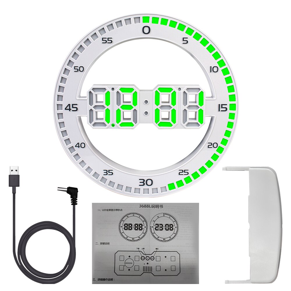 Led Wandklok Temperatuur Thermometer Voor Woonkamer Home Decoratie 3D Digitale Circulaire Lichtgevende Stil Alarm Met Kalender: LED Green Stopwatch