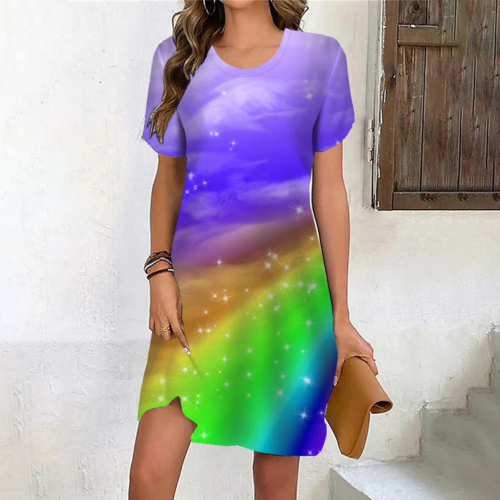Rainbow Gradient 3D Print Women's Dress Summer Casual Sweet Short Sleeve Dress Streetwear Round Neck Mini Ladies Dresses
