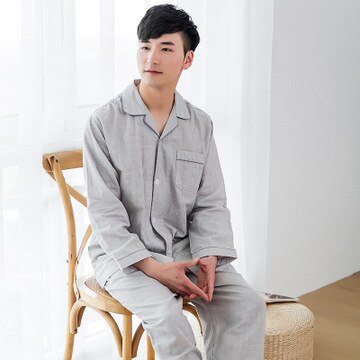 Men Pajamas Home Wear Long Sleeve Trousers Pyjama Cotton Sleepwear Set Double-layer Yarn Breathable Spring Autumn pijama hombre: grey dot / M