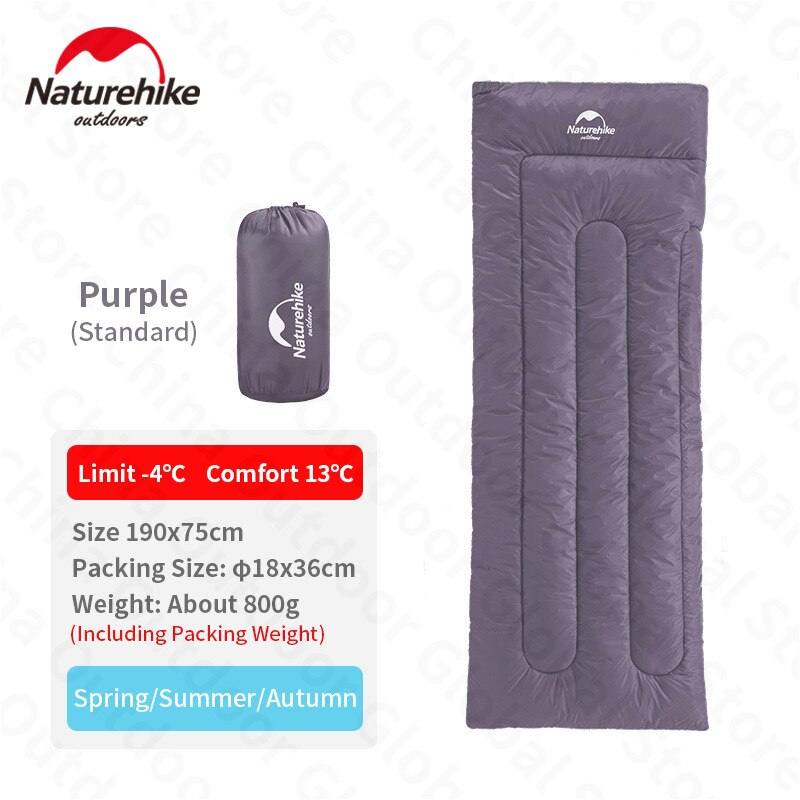 Naturehike Sleeping Bag Envelope Type 3 Seasons Single Person Waterproof Warm Cotton Sleeping Bag Outdoor Camping Travel: Standard-Purple