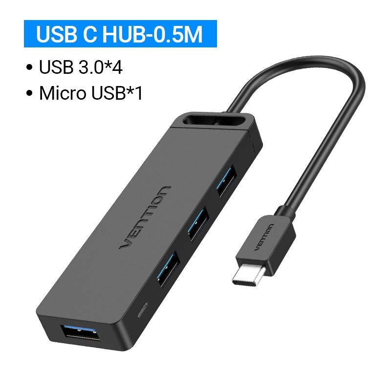 Vention USB HUB 4 Port USB 3.0 2.0 Splitter With Micro USB Power Port Multiple High Speed OTG Adapter for Computer Laptop phone: Black TGKBD