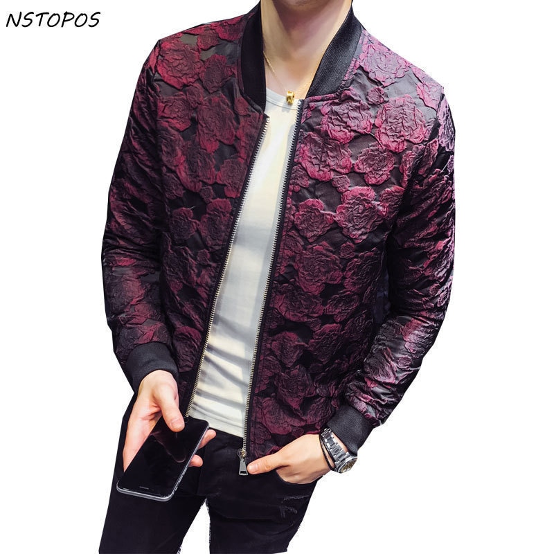Autumn Jacquard Bomber Jackets Men Luxury Wine Red Black Grey Party Jacket Outfit Club Bar Coat Men Casaca Hombre 4XL