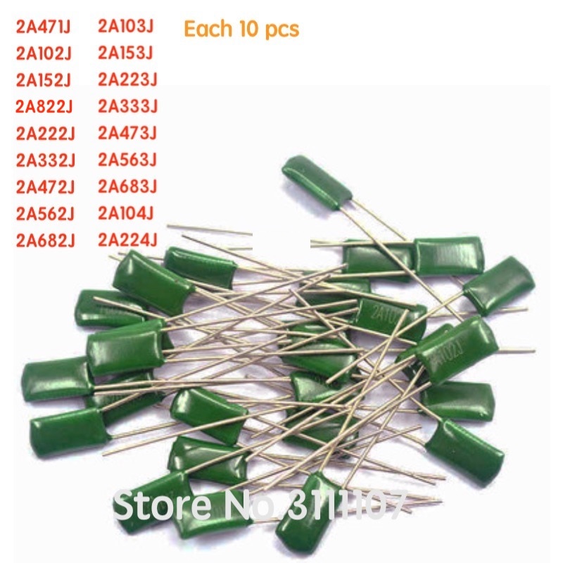 180PCS/LOT 2A104J 2A332J 2A472J 2A103J 2A333J 2A473J 2A563J 2A223J 18value*10pcs Polyester film capacitor Assorted Kit