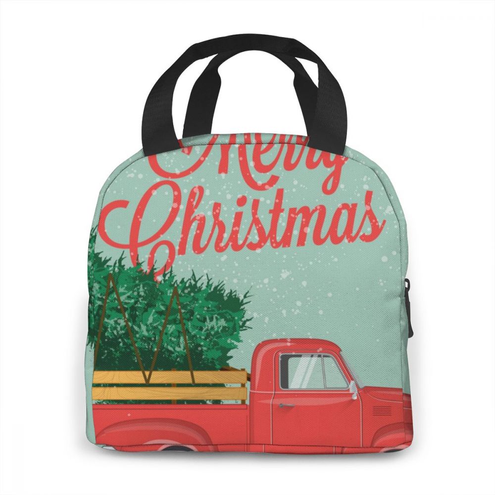 Merry Christmas Red Truck With Tree Lunch Bag Portable Insulated Thermal Cooler Bento Lunch Box Tote Picnic Storage Bag Pouch