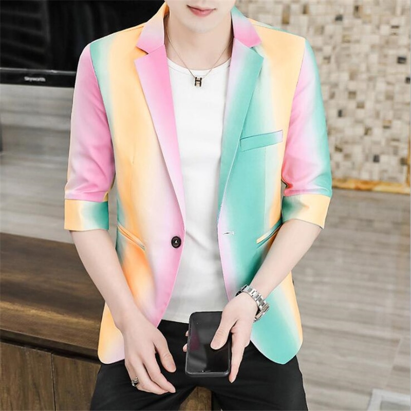 Gradient Tie Dye Rainbow Harajuku Casual Suit for Men Summer Short Sleeve Blazer Suit Jacket Korean Business Casual Coat