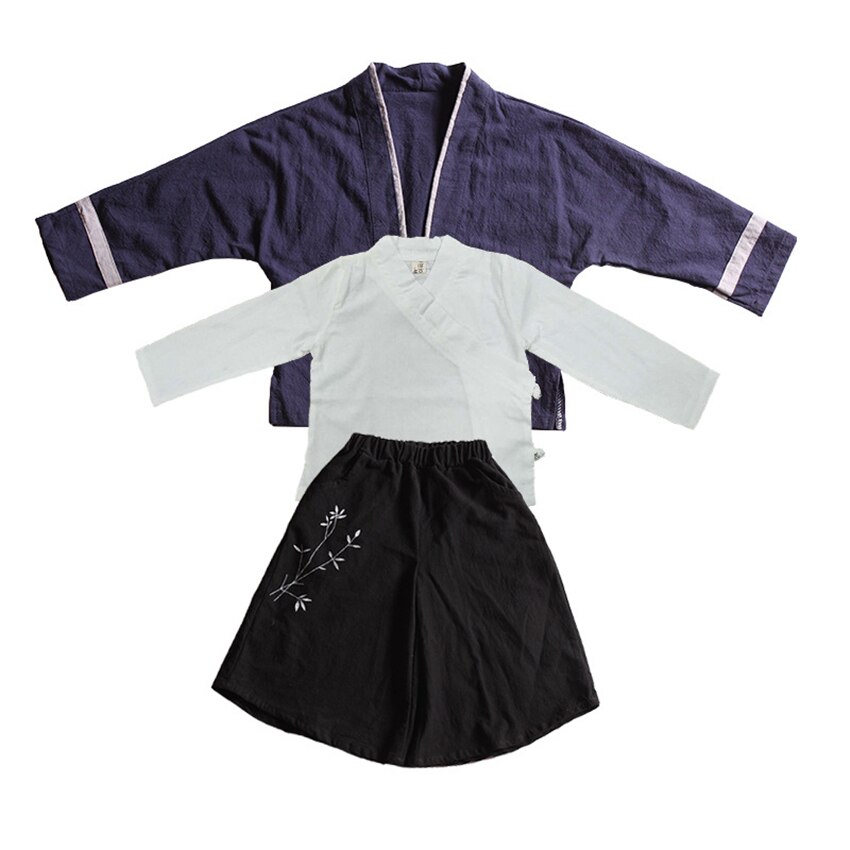 Vêtements traditionnels chinois pour garçons Hanfu enfants Tang Costume à manches longues lin 3 pièces chemise + manteau + pantalon Festival tenue Costume de danse