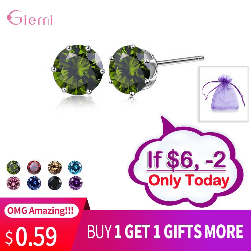 Cubic Zirconia CZ Stone 6MM Jewelry Stud Earrings 925 Sterling Silver Earrings Women 20 Colors