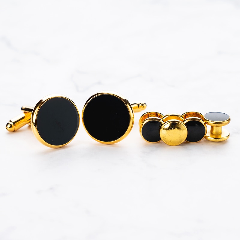 Luxury Gold Tuxedo Cufflinks and Studs Set Black Enamel Round Cuff Button Set For Mens Suit French Shirt Business