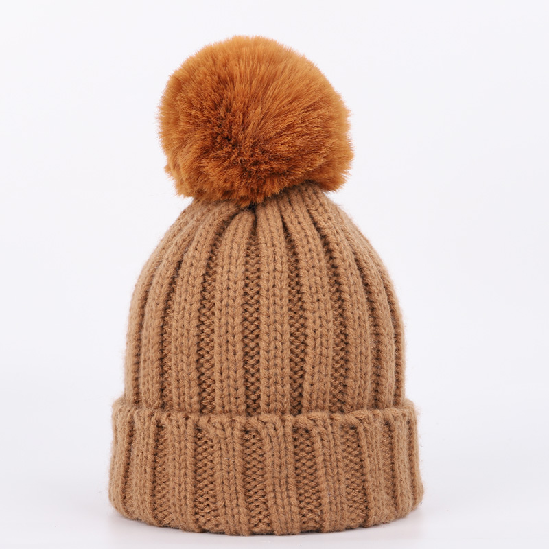 Mode kinderen Gebreide Mutsen Muts Sjaal 2 Stuks Set Effen Kleur Winter Jongen Meisje pompom Zachte Cap sjaals Baby Kids: Khaki-2