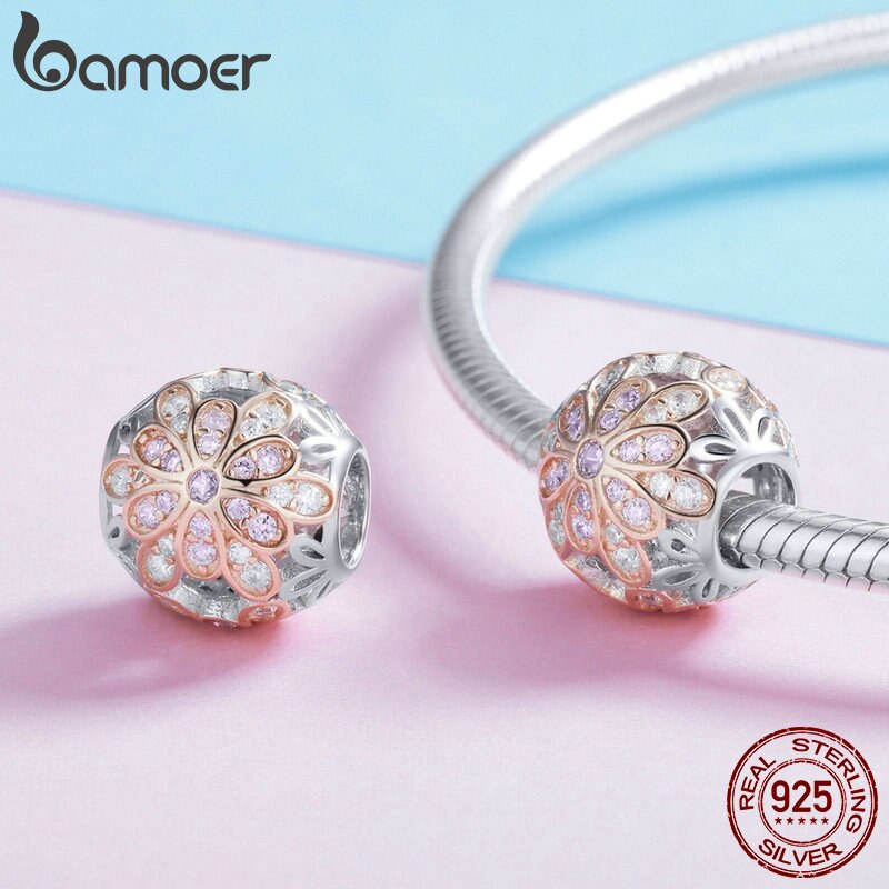 BAMOER Romantische 925 Sterling Silber Blühende Blume Knospen Leucht CZ Charme Perlen passen Halsketten Schmuck Zubehör SCC922