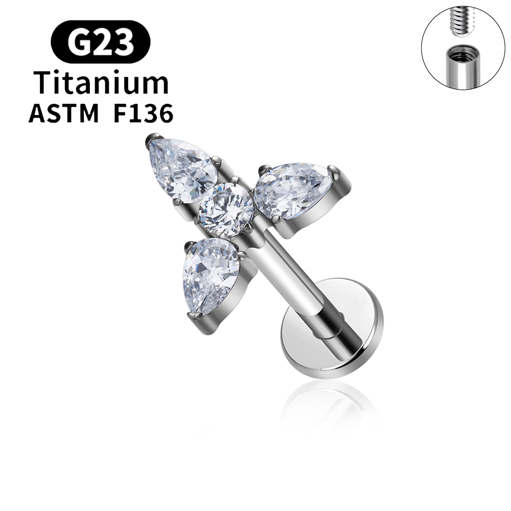 G23 Titanium Sneeuwvlok Kers Hartvorm Platte Achterkant Stud Oorbel 16G CZ Oor Tragus Kraakbeen Helix Conch Kwab piercing Sieraden: WHITE / Antique Copper Plated