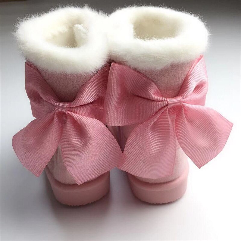 Botas de nieve para niña, botas de princesa con lazo de pelo de conejo verdadero, zapatos de algodón para bebé, botas cortas gruesas de terciopelo,: Rosa / 3