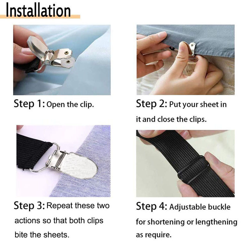4 pezzi di fissaggio per lenzuolo regolabile, reggicalze, fascia elastica per lenzuolo, clip per cinghia, cuscino per divano, materasso, copertura per materasso, pinza, clip angolare