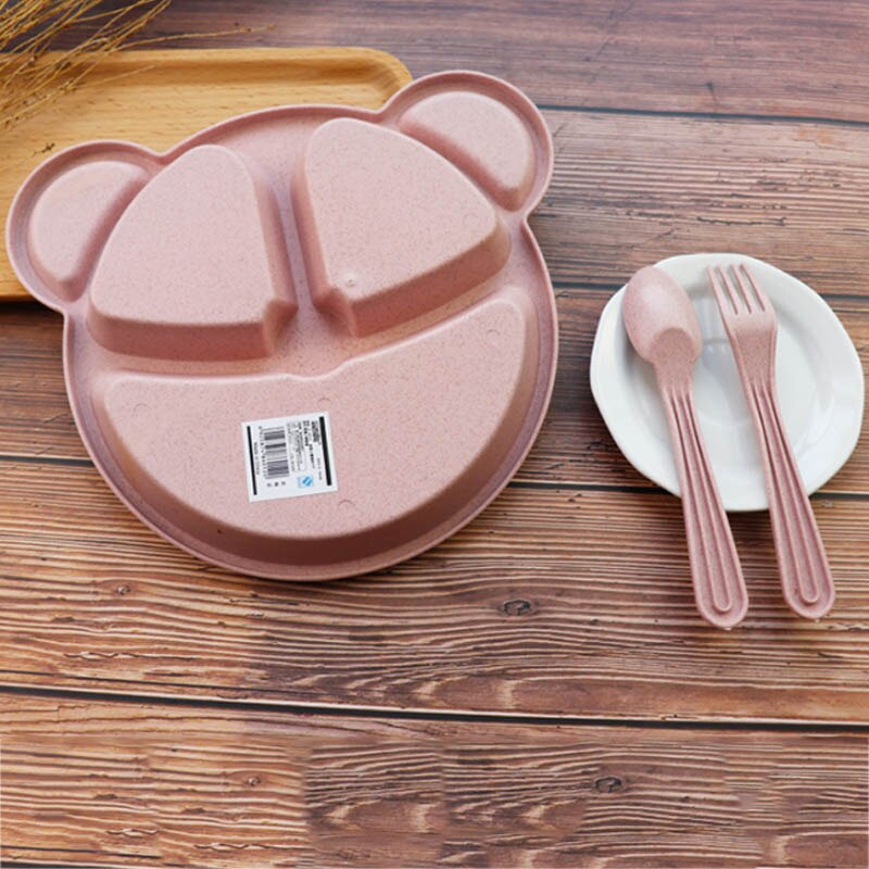 1 Juego de plato de cena para niños y bebés con cuchara y tenedor con forma de oso de dibujos animados rejilla de trigo plato de desayuno para niños utensilios para el hogar