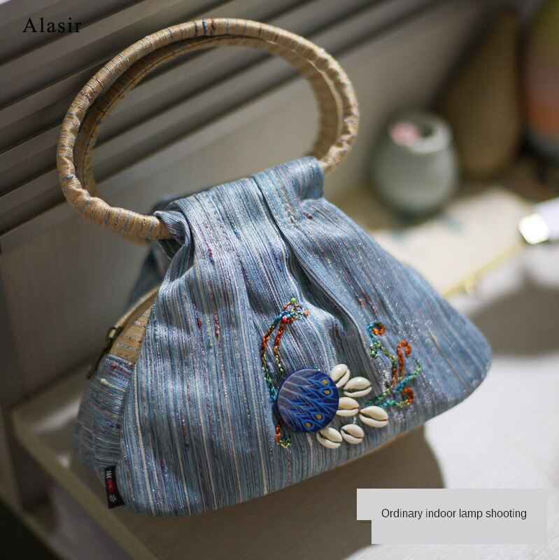 Alasir vintage broderi påfugl mønster national stil damer lærred håndtasker retro kvindelig lille shell taske