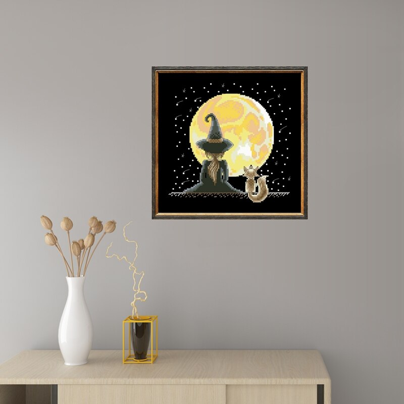 Kit de punto de cruz de bruja pequeña bajo la luna, de hilo de seda de algodón, 14ct 11ct, lienzo negro, bordado, costura artesanal